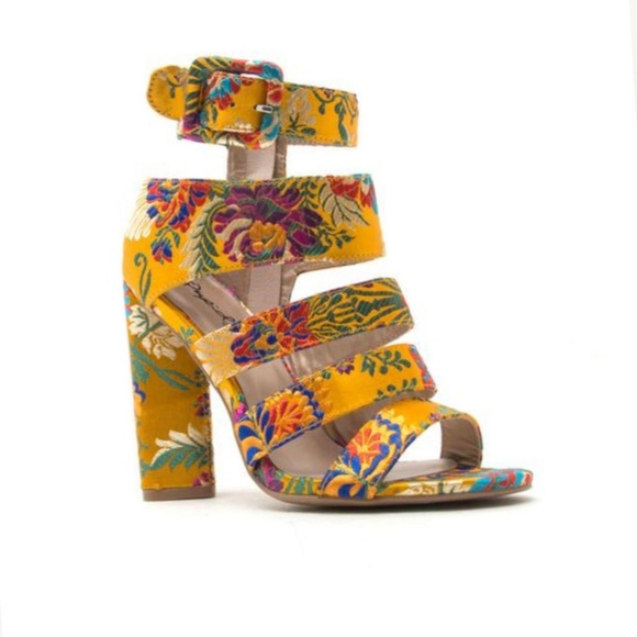 🎀Last ,7💗 Floral Brocade Caged Chunky Heel - Picture 6 of 7